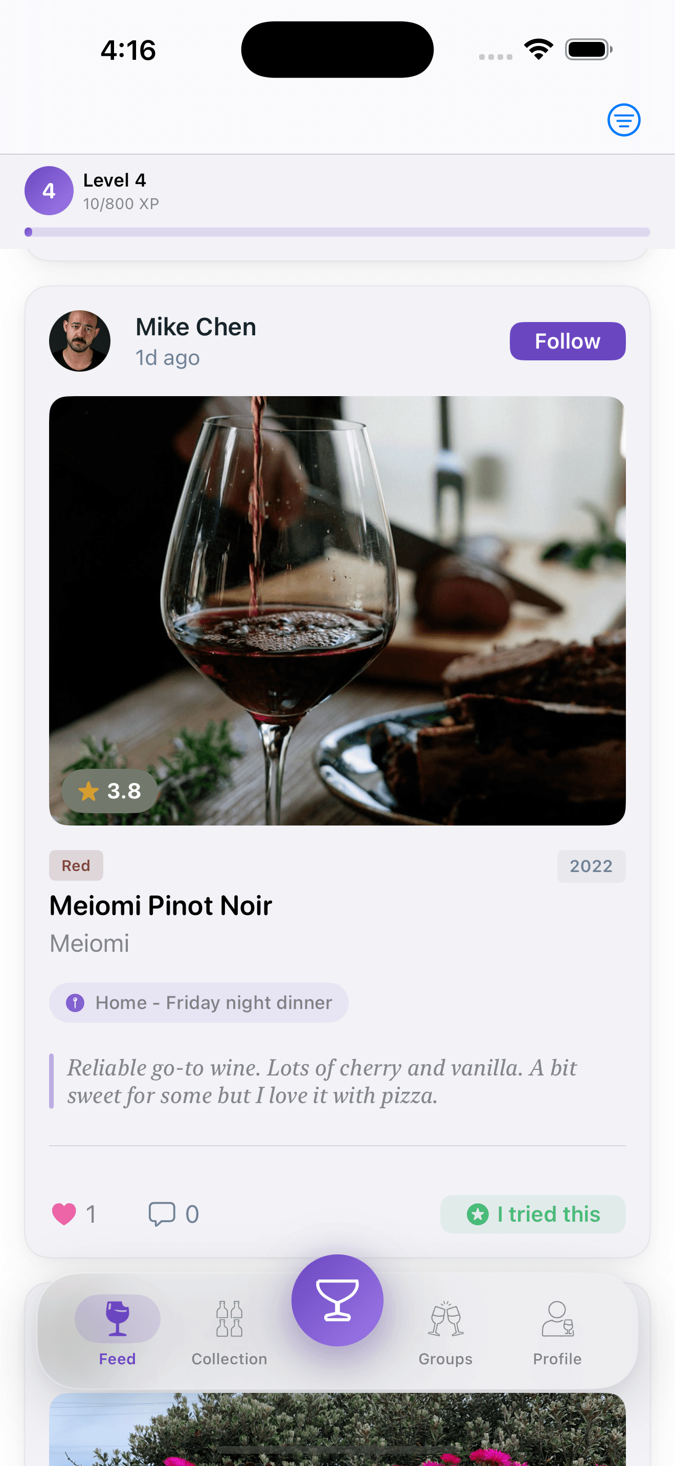 TruTaste app showing wine feed with ratings and social features