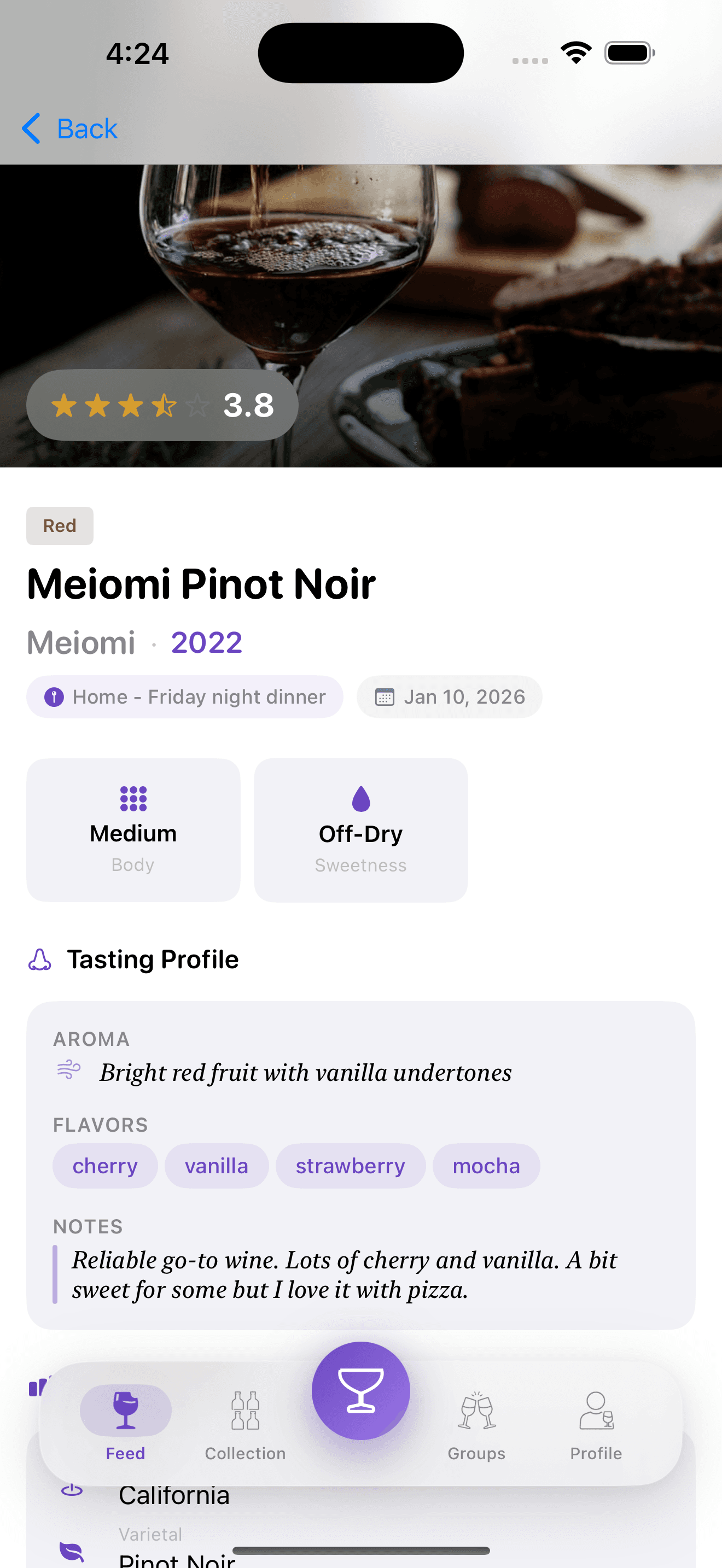 Wine detail view showing tasting profile and notes